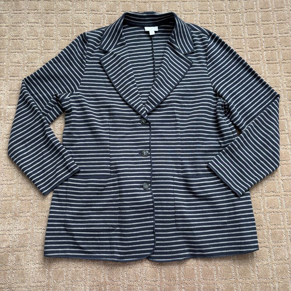 J. Jill Striped Cotton Lightweight Blazer Women's Sz Large Navy Gray Career Work